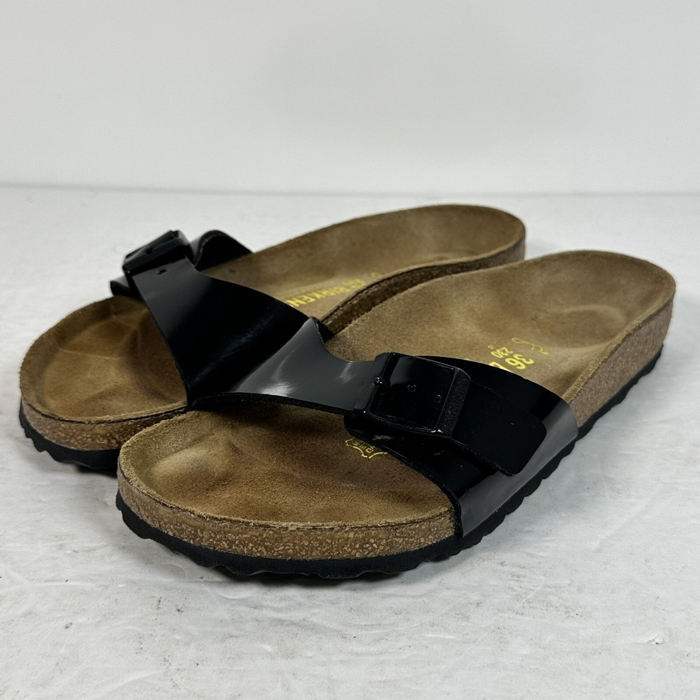 BIRKENSTOCK MADRID SANDALS- PATENT BLACK, SIZE EU 36 USL 5 USM 3 UK 3.5